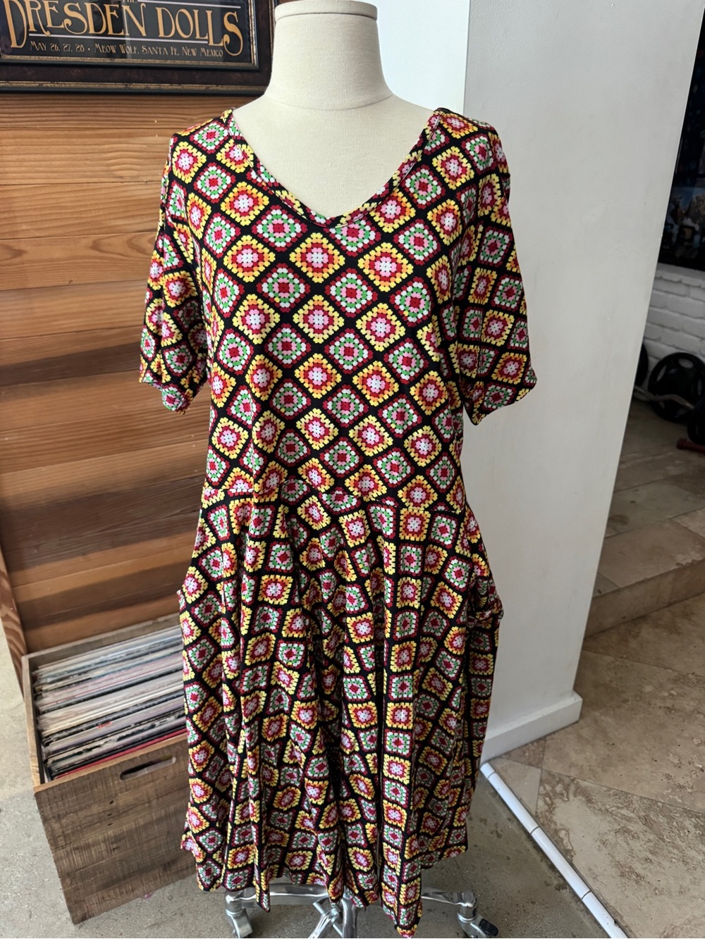 V-Neck Midi Dress in Black with Multicolor Granny Square Print